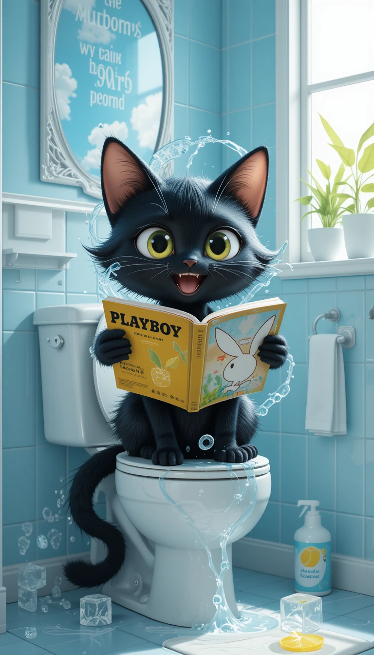 Cartoon black cat reading in a bright blue bathroom