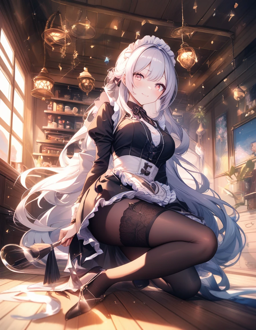 Elegant anime maid kneeling to clean a shining floor