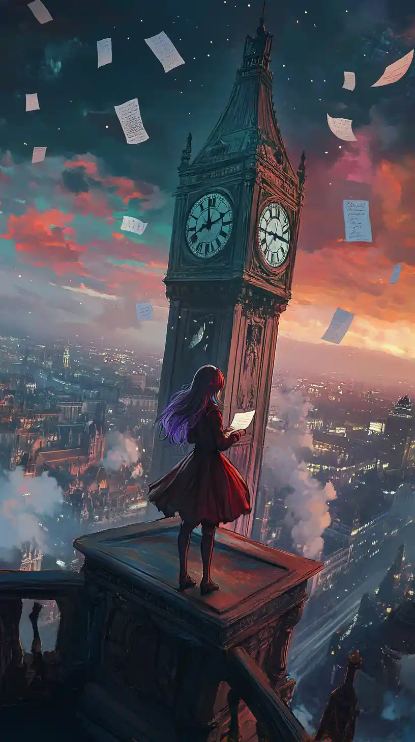 Anime girl on a clock tower balcony above a Victorian city