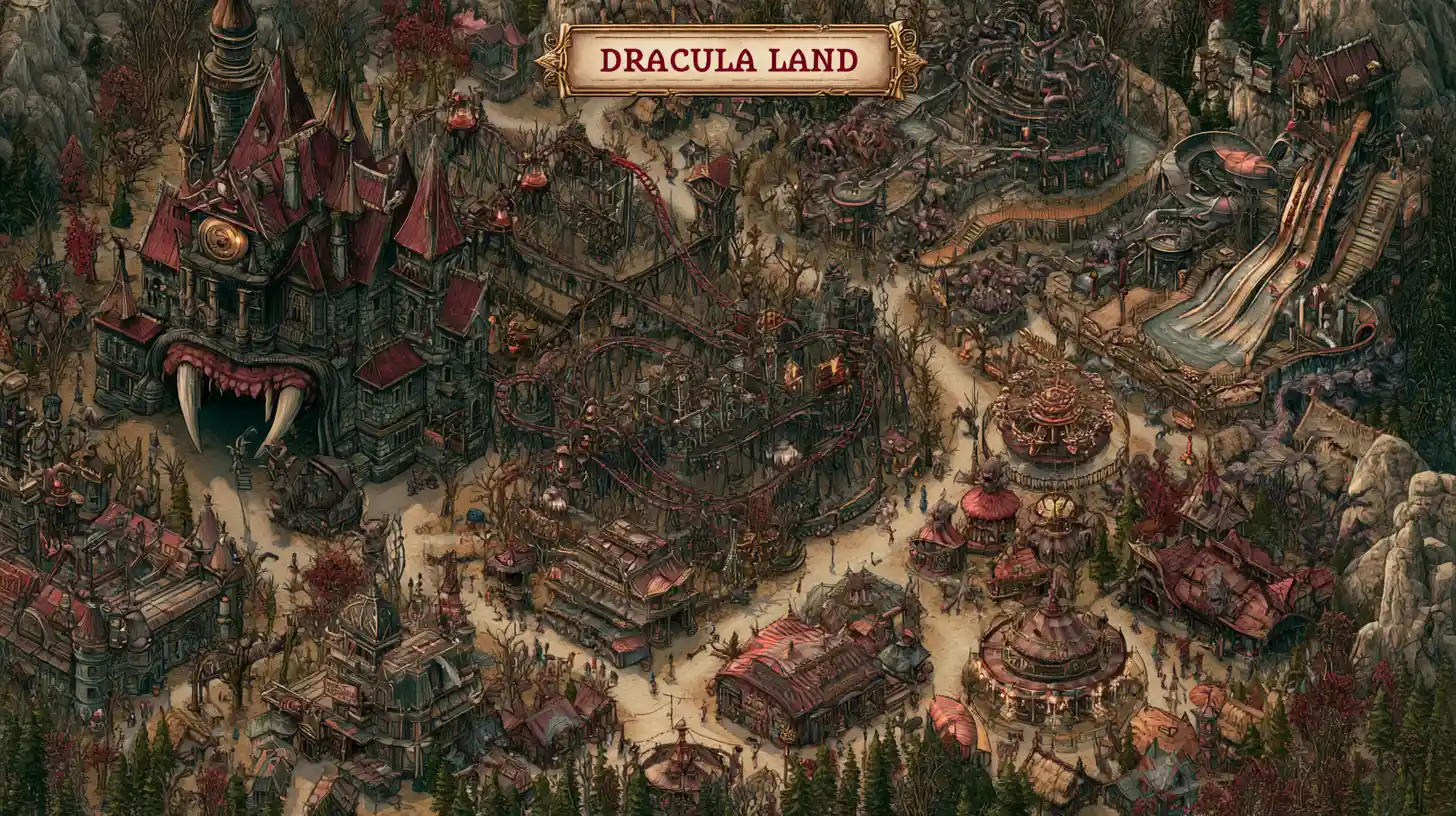 Steampunk Dracula Land Theme Park With Monster Attractions
