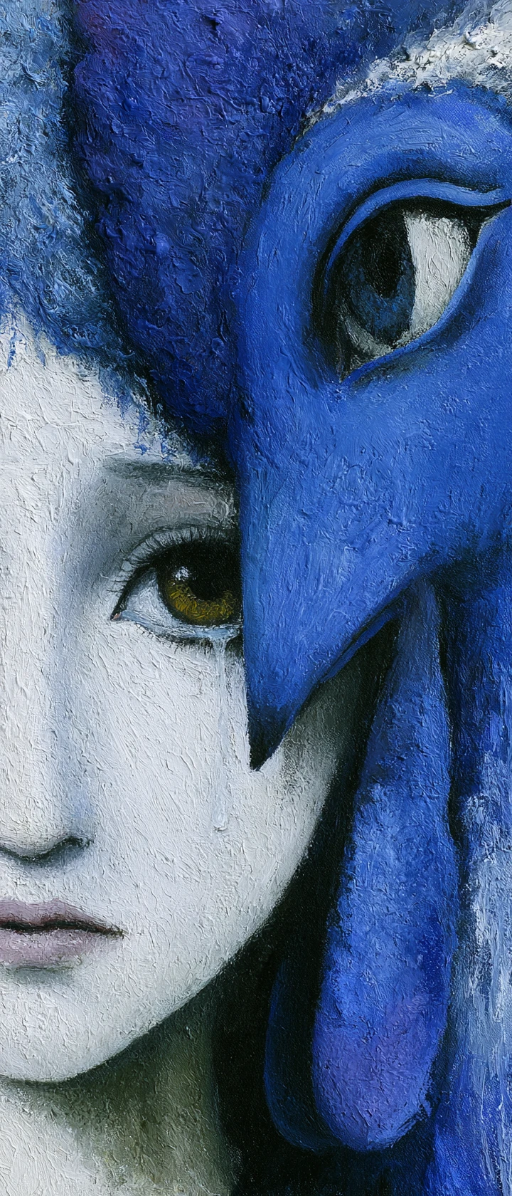 Surreal close up of crying anime girl and blue rooster