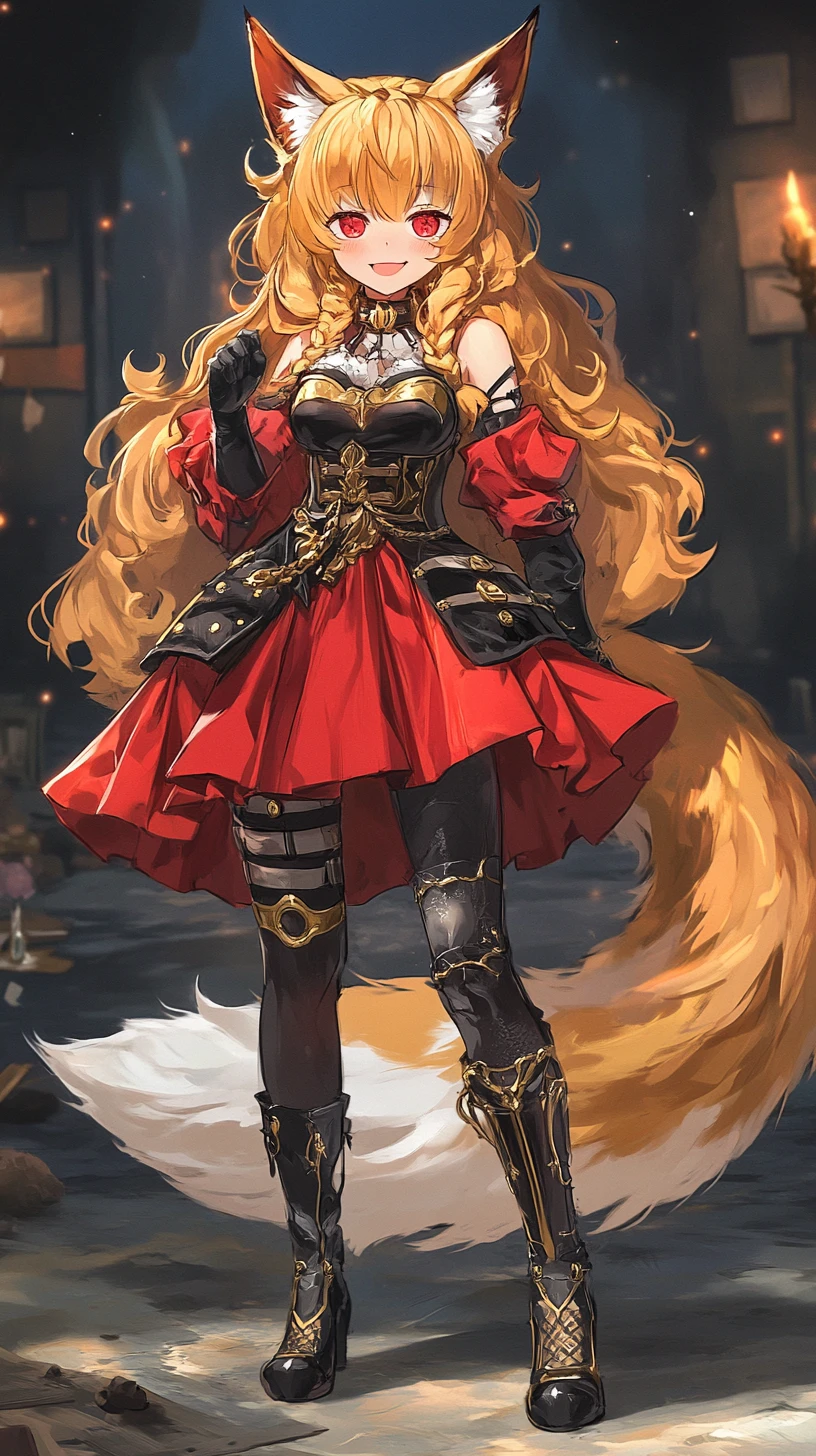 Garota anime com orelhas de raposa em armadura ornamentada e cabelo dourado