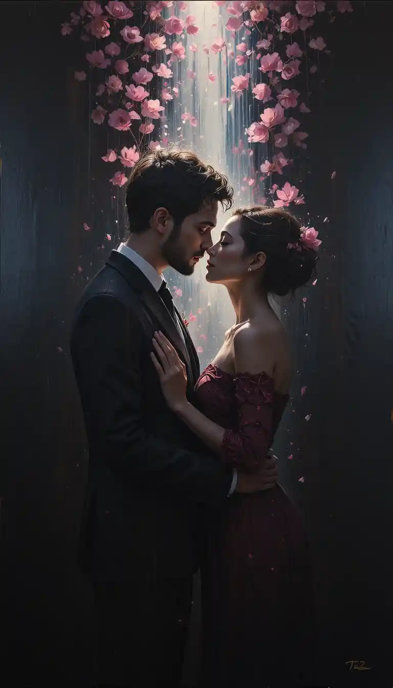 Embracing couple under soft pink cinematic light on black