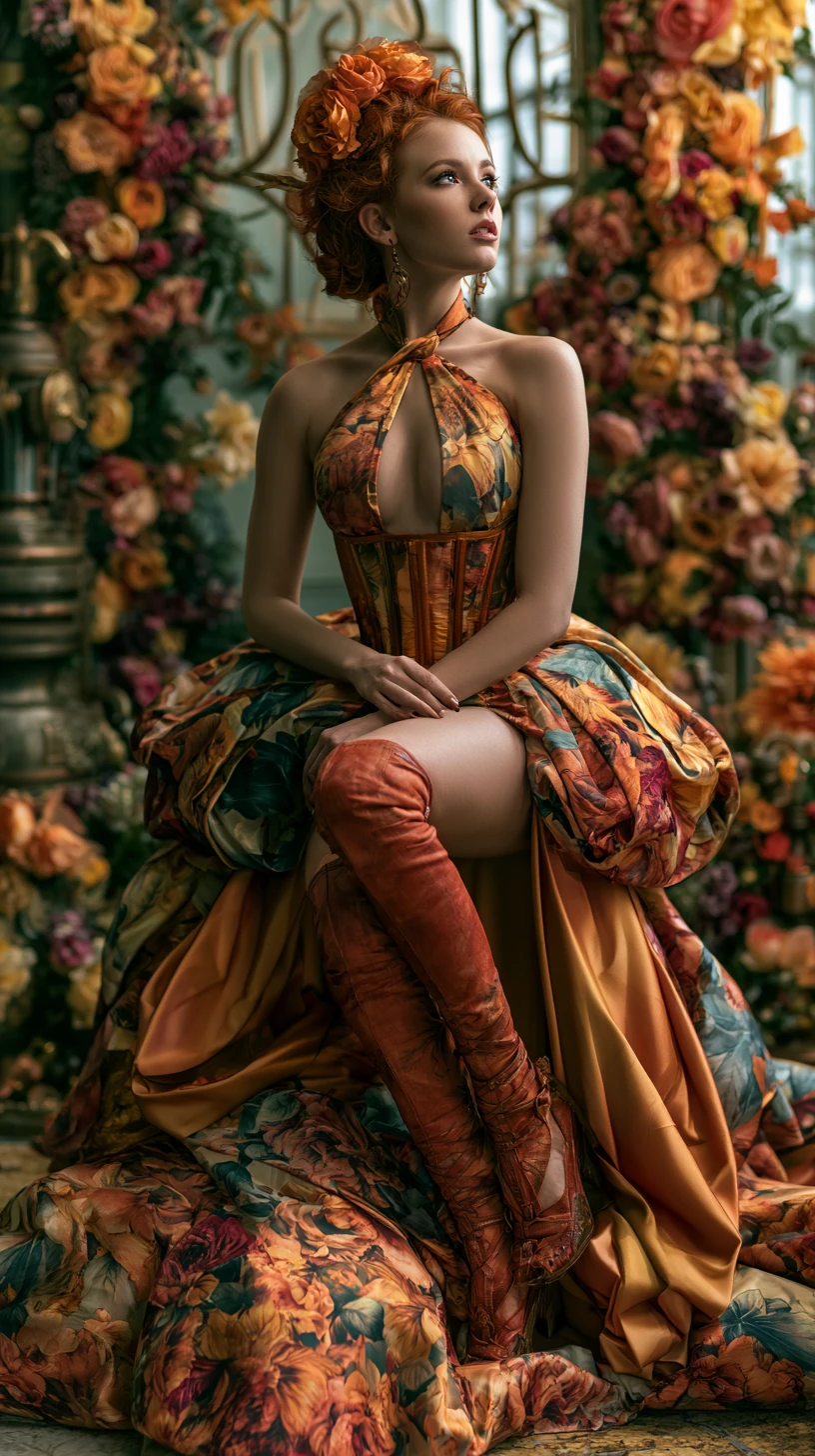 Belle femme dans une robe de fantaisie drapée à encolure licou ornée de fleurs