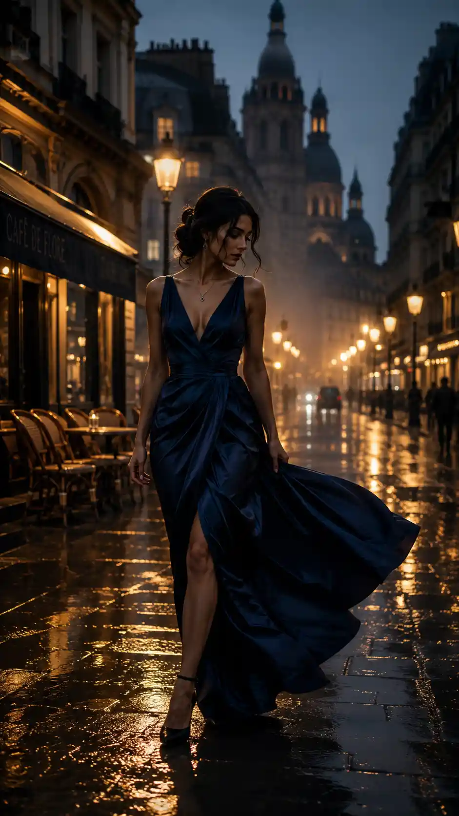 Elegant woman walking alone on rainy european boulevard