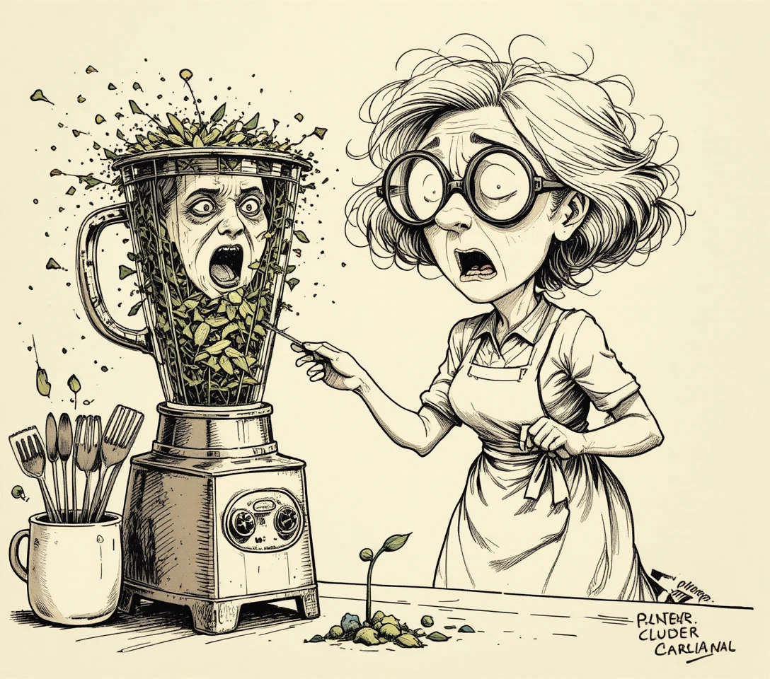 Elderly Woman Panicking Over A Wildly Spinning Blender