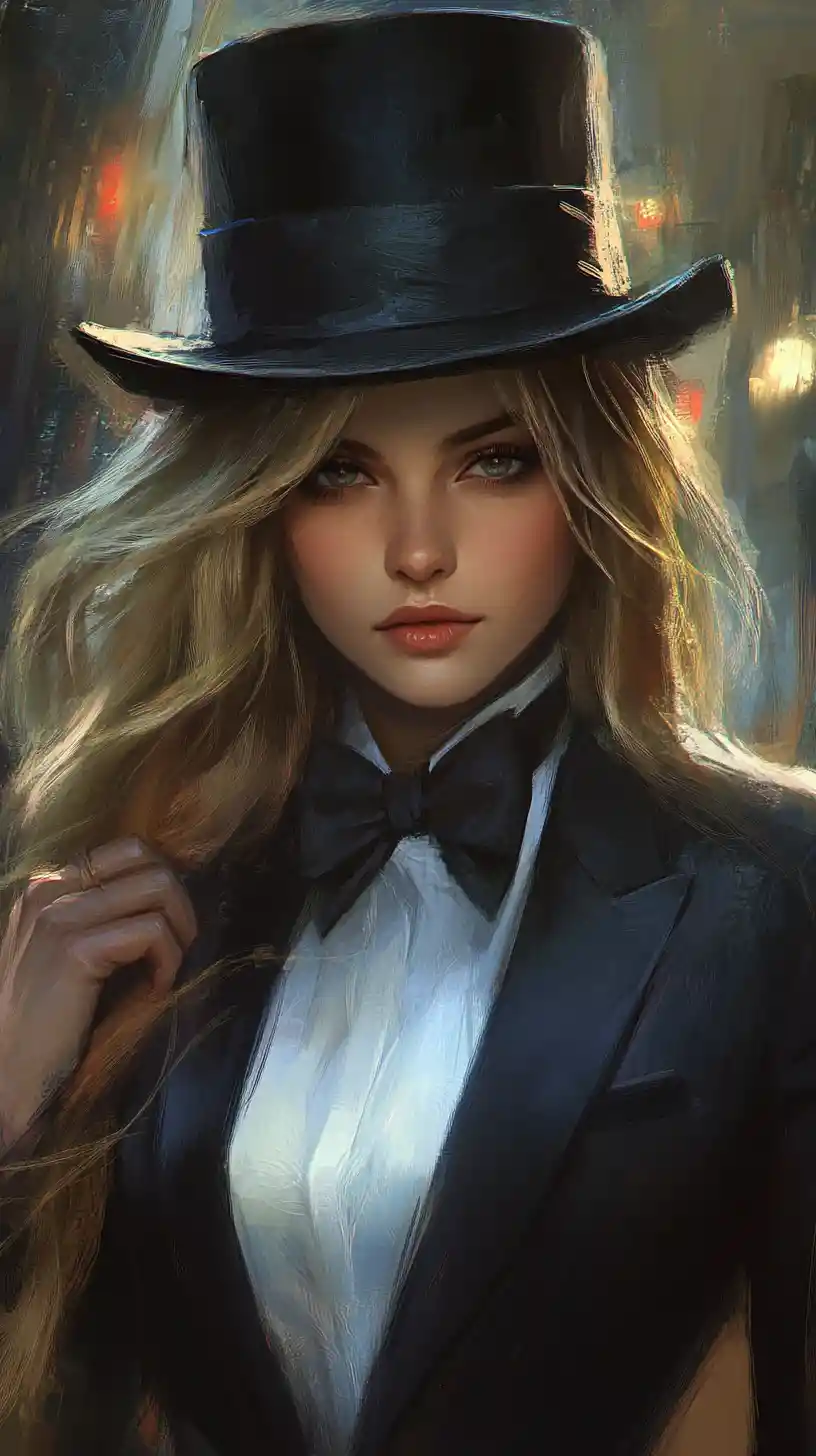 Elegant woman in tuxedo and top hat in moody city