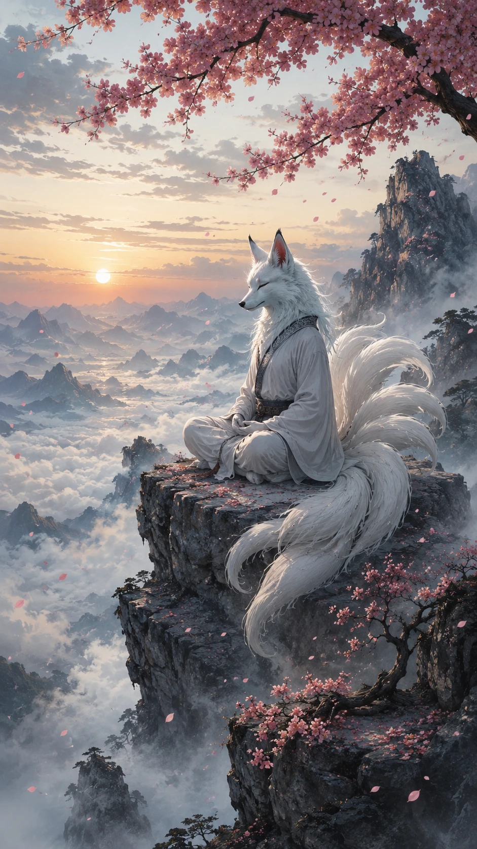 White fox meditating on a misty mountain peak at sunset