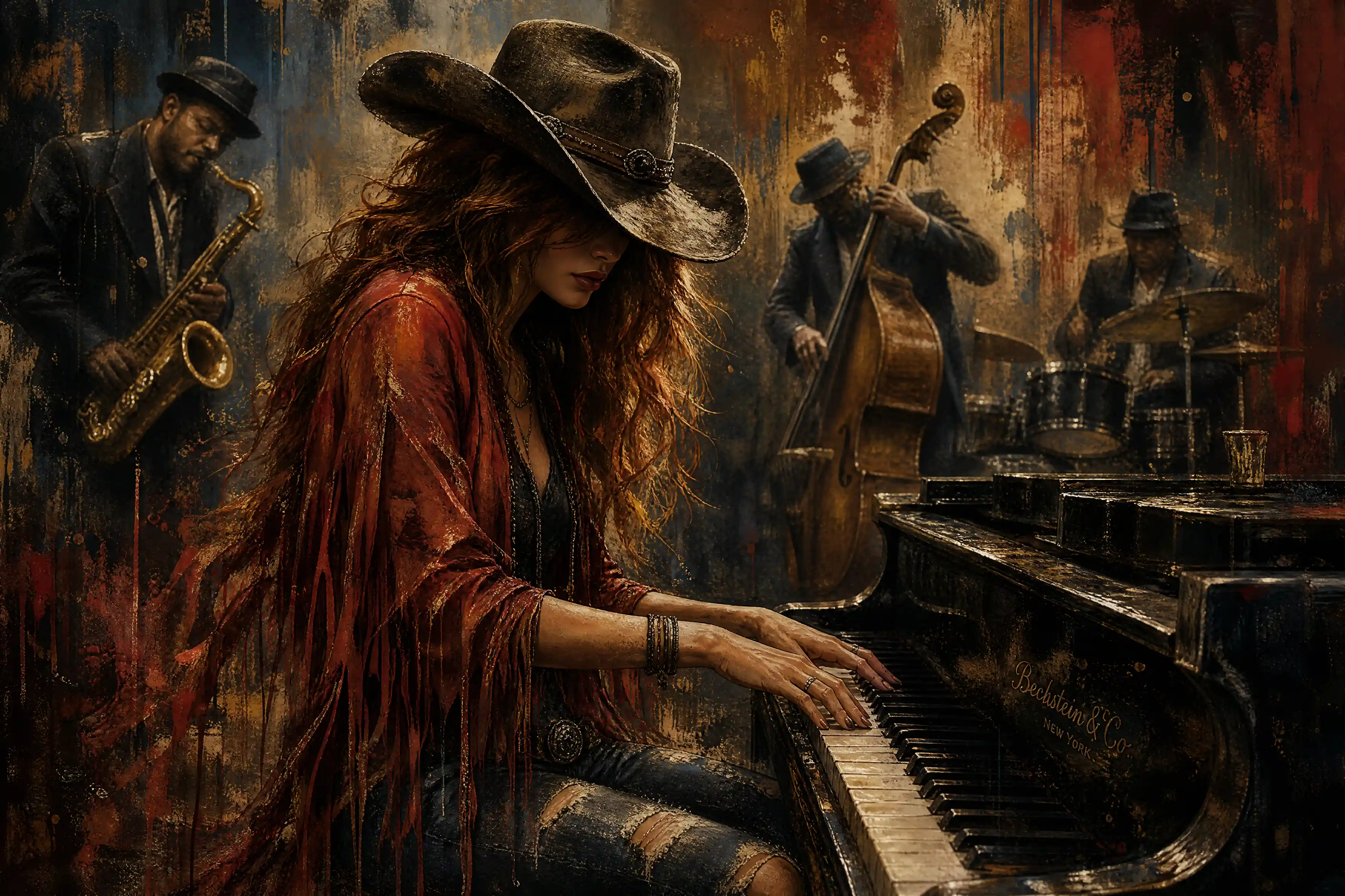 Cowgirl pianist in shadow with jazz band on stage