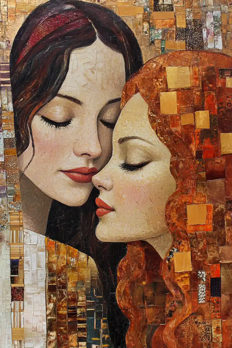 Close up portrait of two women in decorative painting style