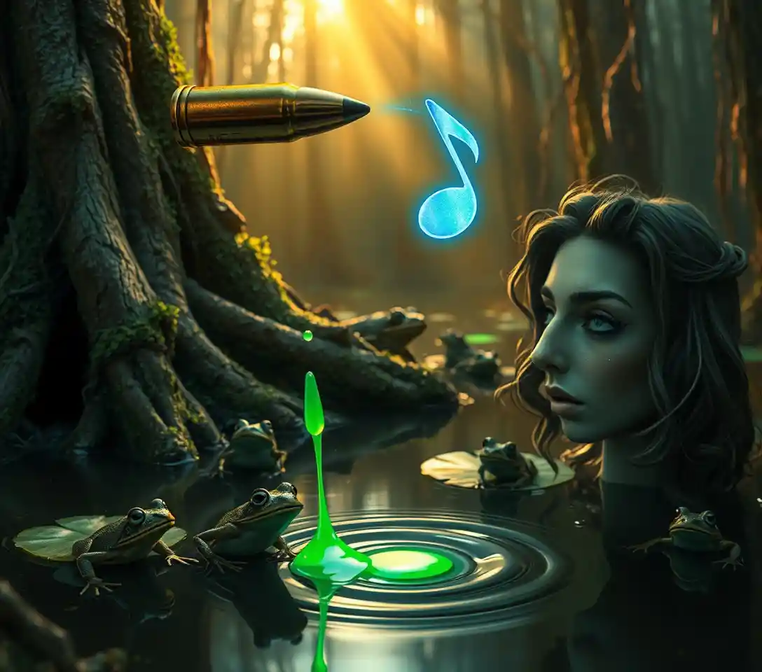 Ricocheting bullet and glowing note above a murky swamp