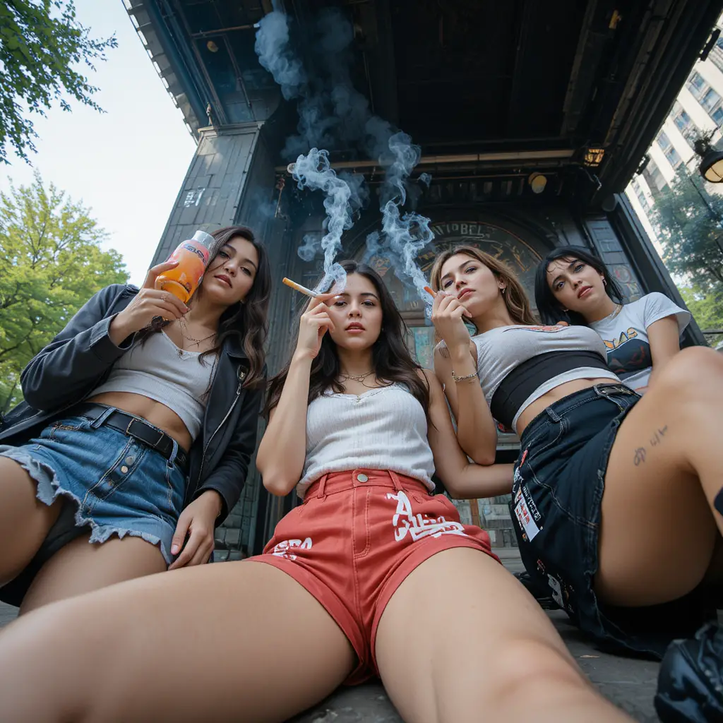 All female rock band taking a break in a city park