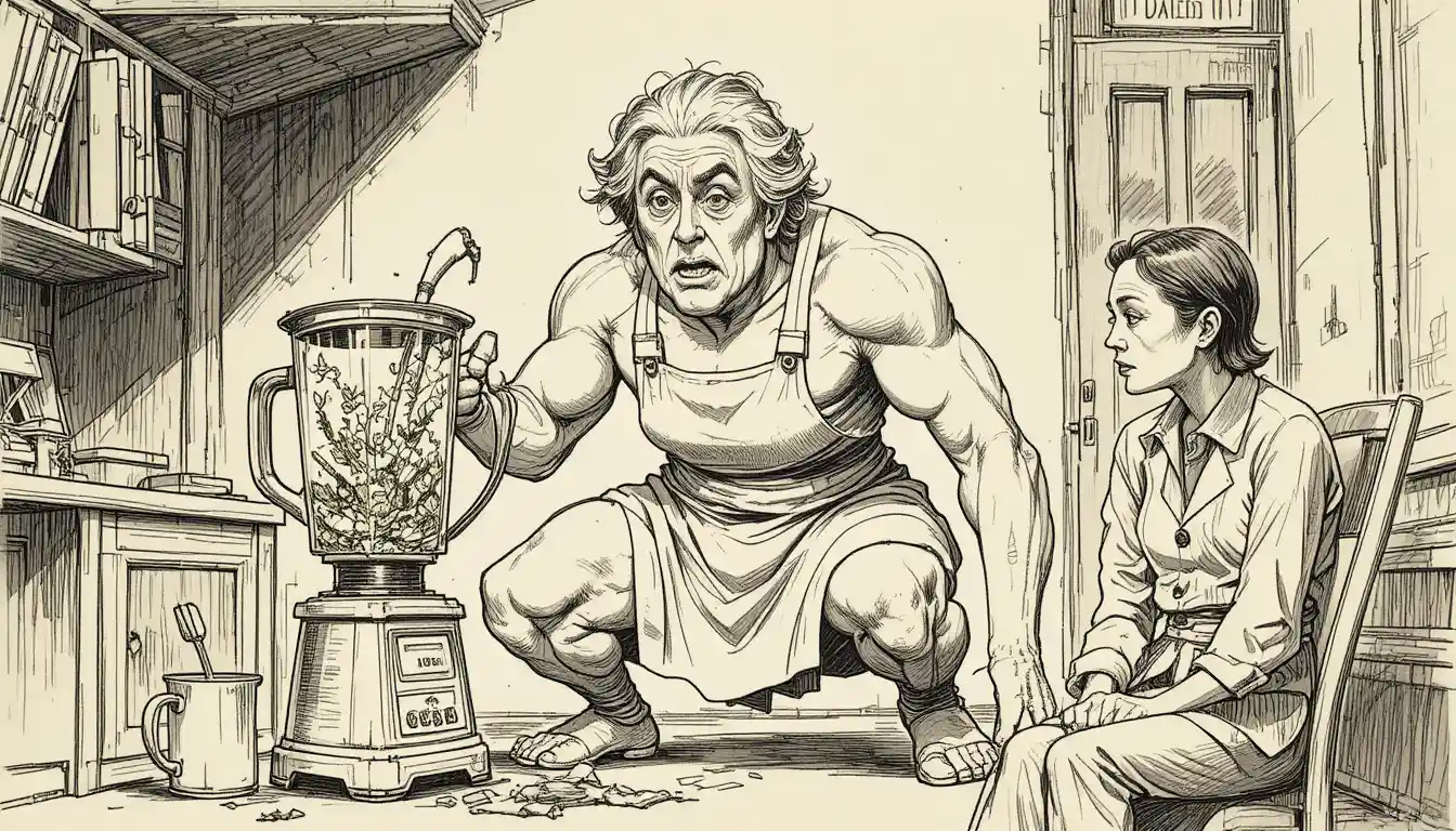 Anxious elderly woman with wild hair and chaotic blender