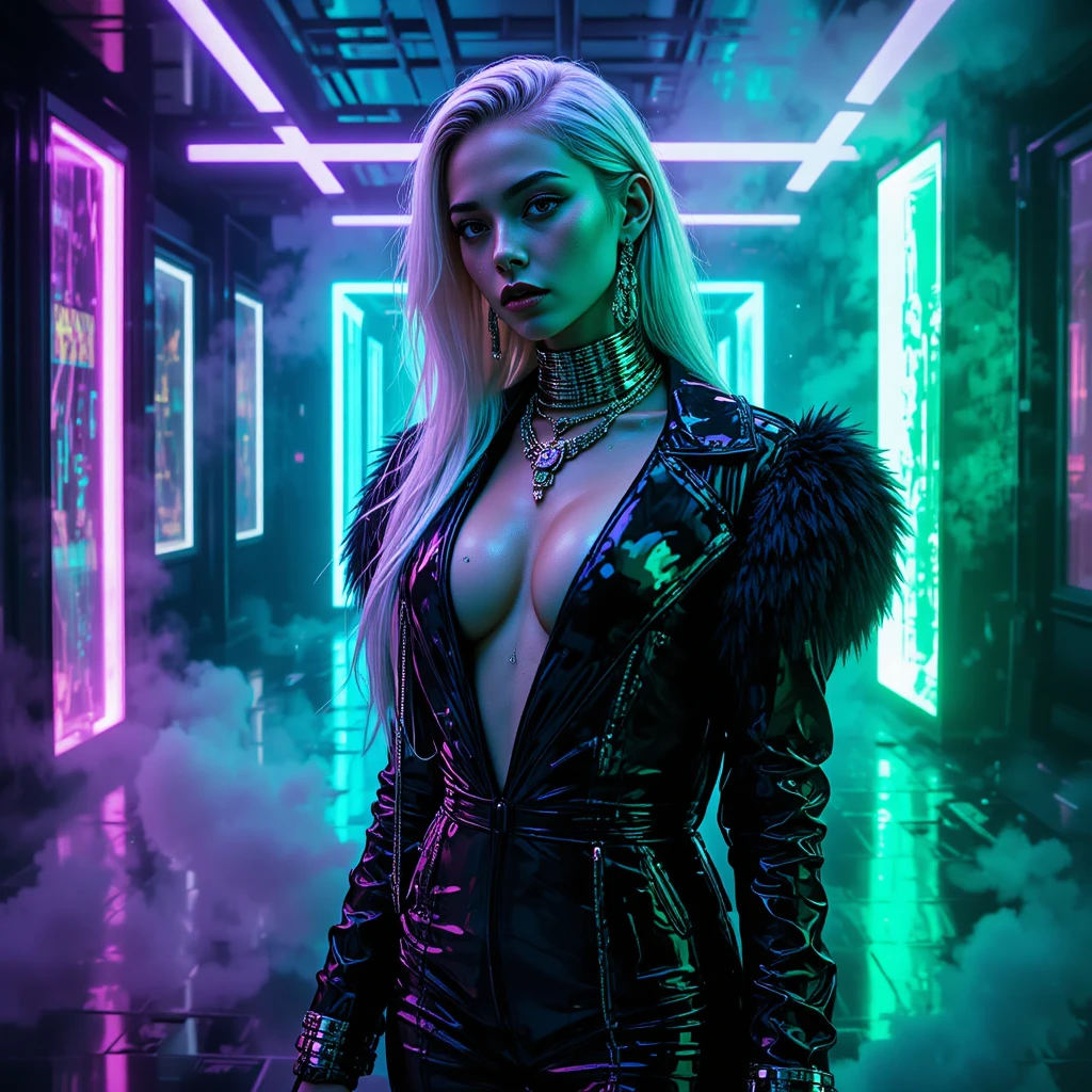 Cyberpunk-Modefrau im neonbeleuchteten Studio-Porträt