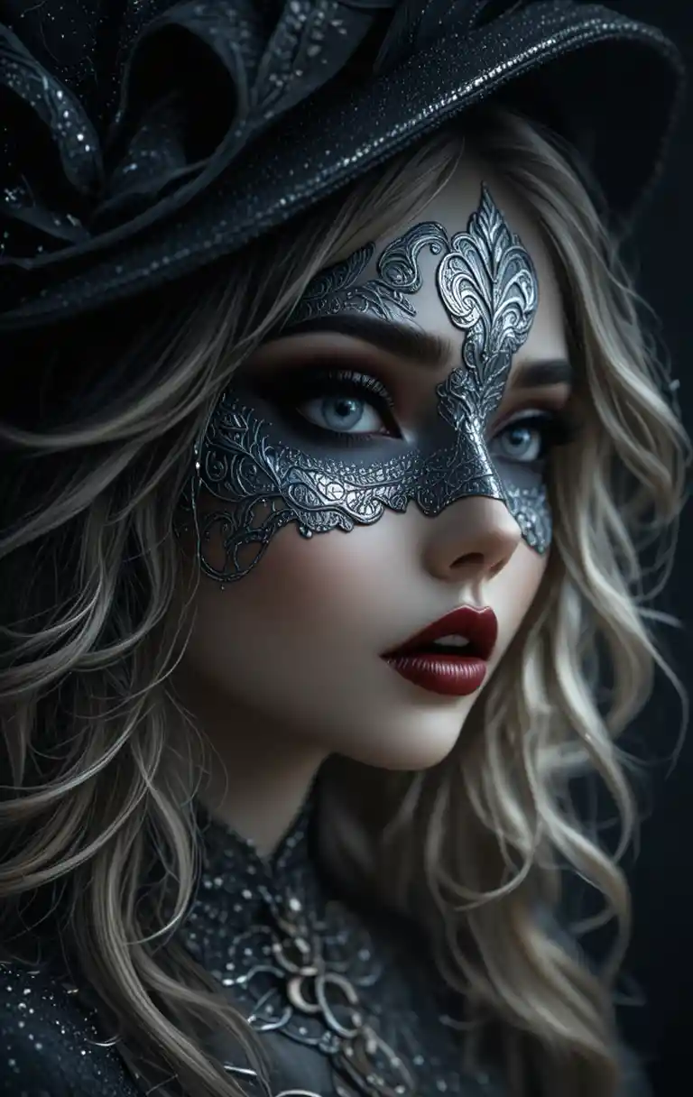 Close up woman in black metal masquerade mask with red lips