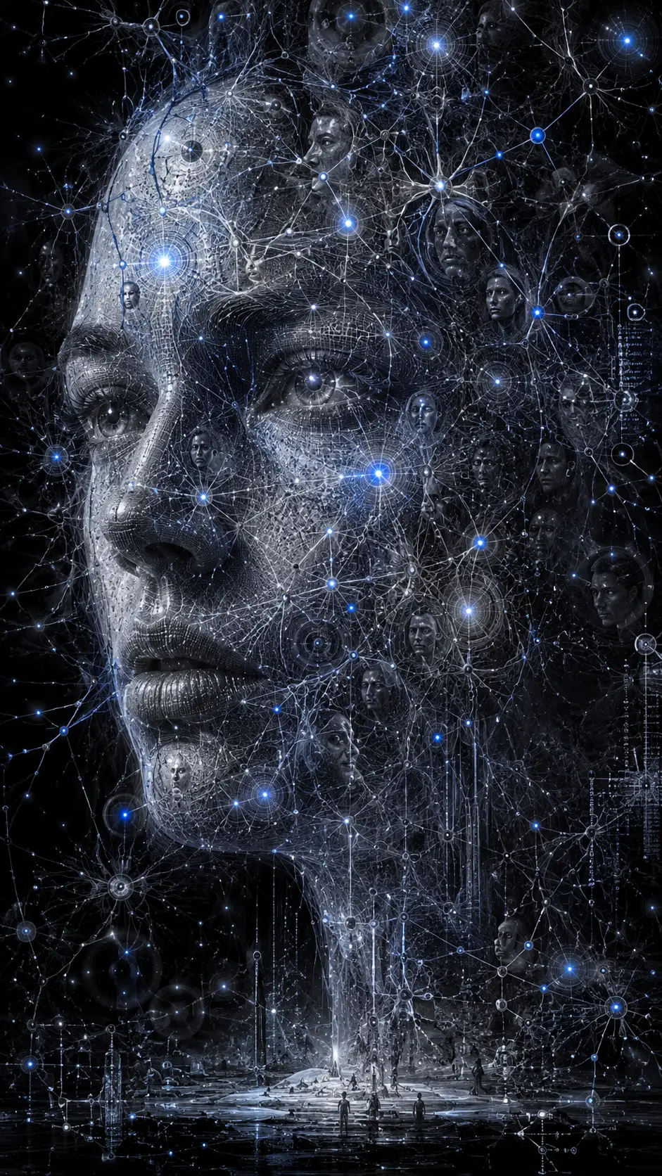 Surreal neural portrait woven from glowing data pathways