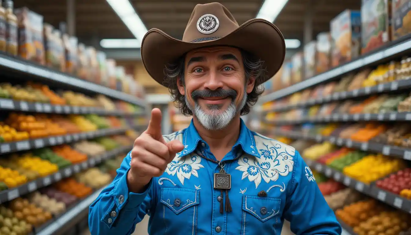 Middle aged cowboy in blue western shirt at grocery store