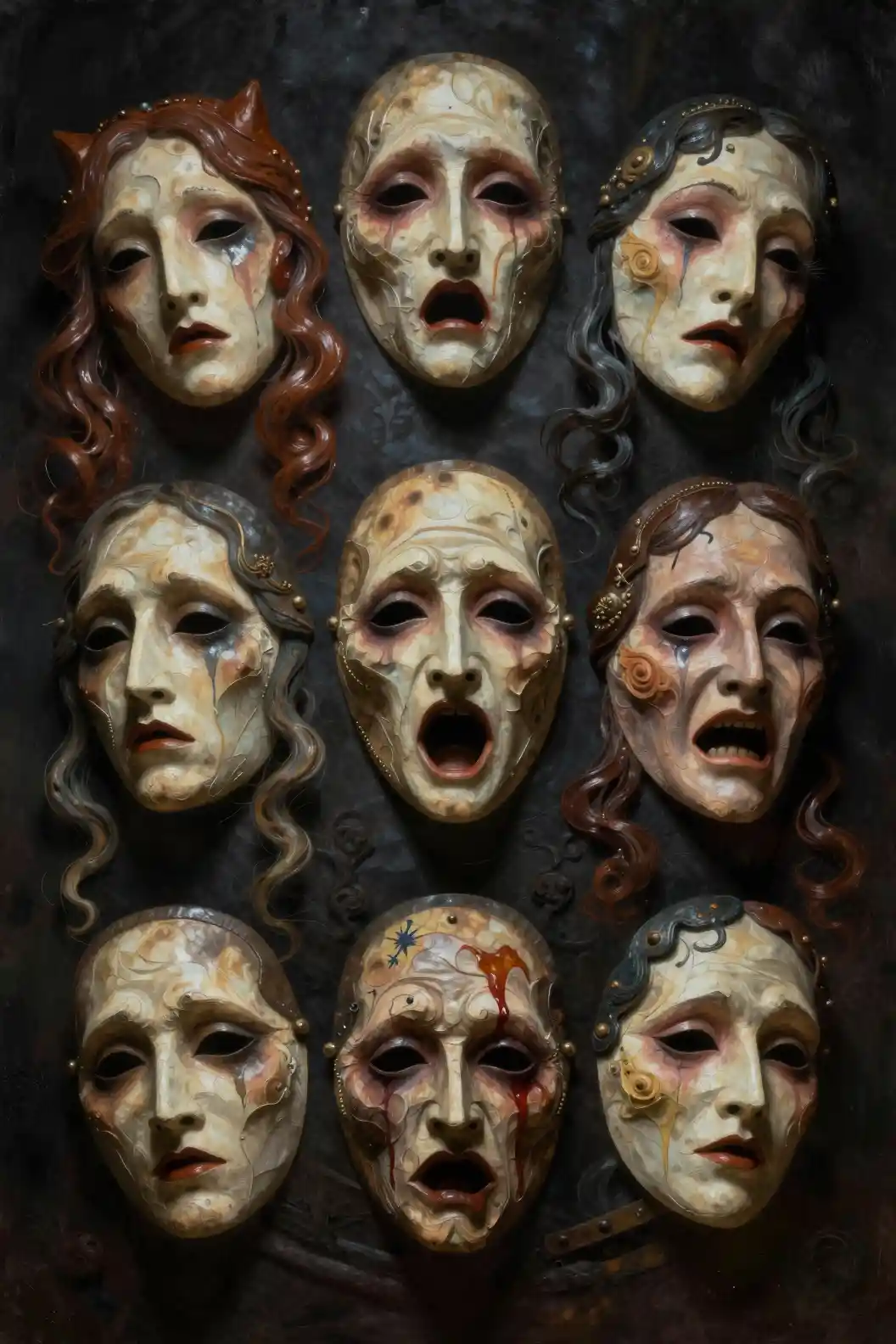 Surreal Cluster Of Grotesque Theatrical Masks In Darkness