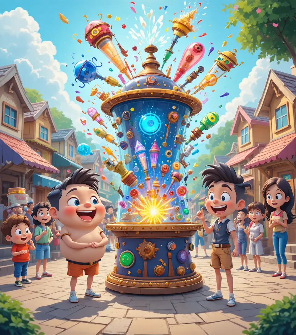 Cartoon friends with a magical gadget machine in town
