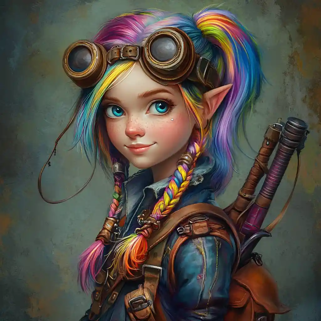 Colorful haired gnome girl artificer with magical musket