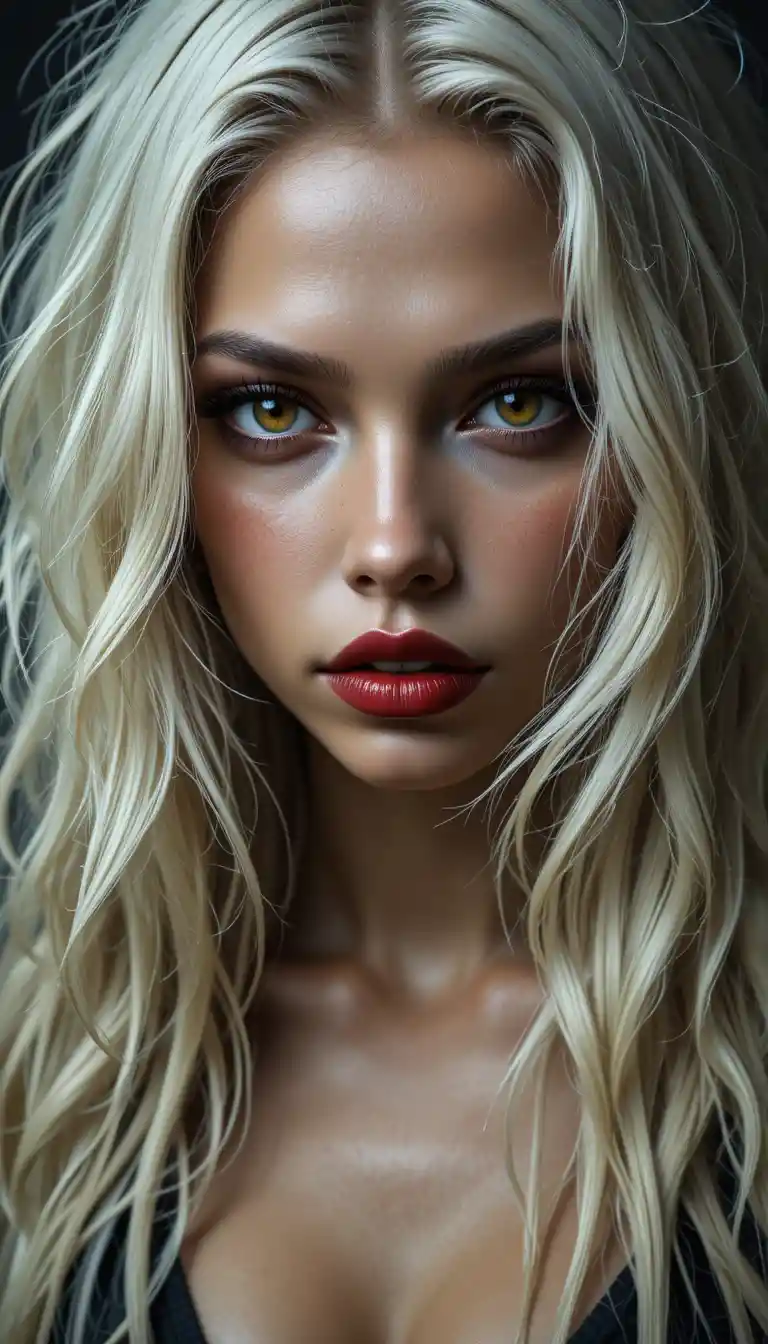 Intense platinum haired woman with glowing amber eyes