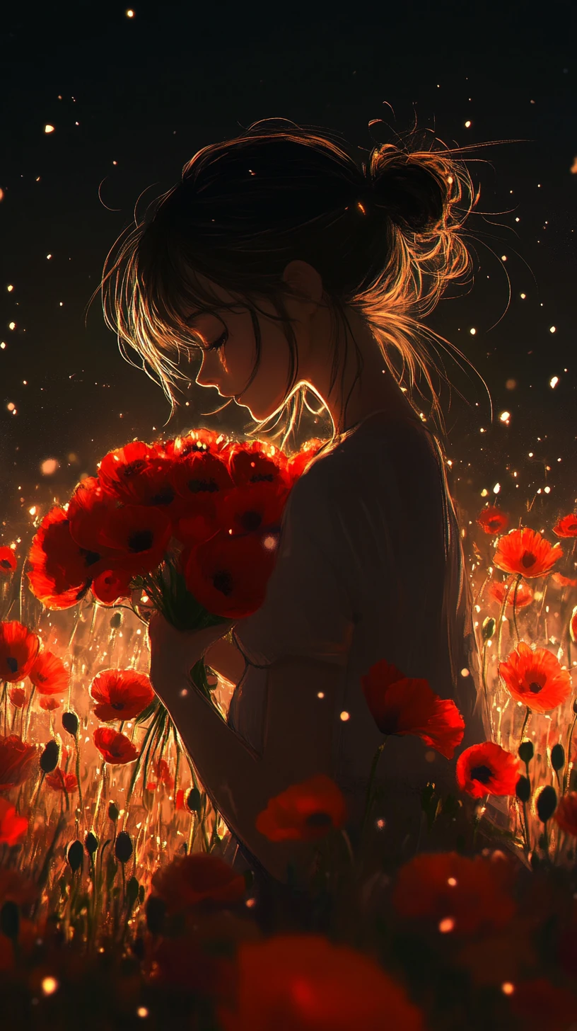 Anime girl kneeling with red poppies in a night field