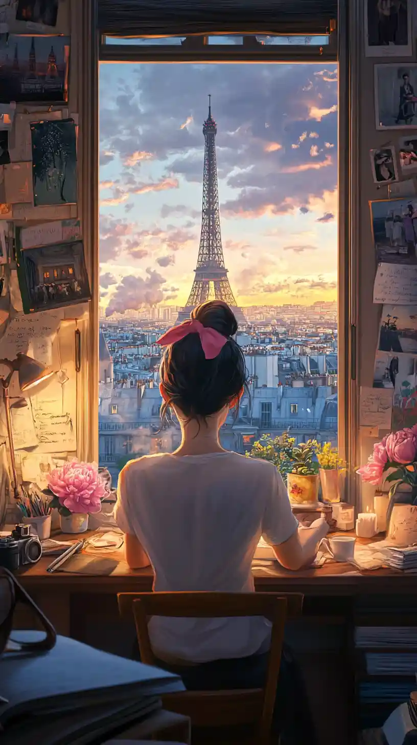 Anime girl at desk watching the Eiffel Tower at sunset