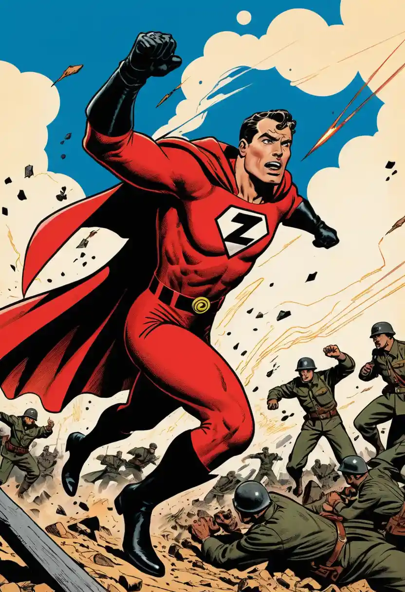 Vintage superhero battling enemies in dramatic comic scene