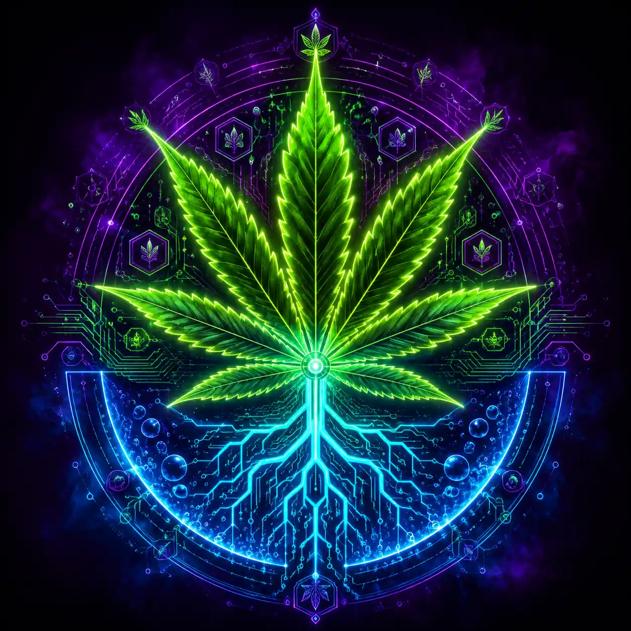 Neon Cannabis Leaf With Digital Circuit Roots On Dark Background