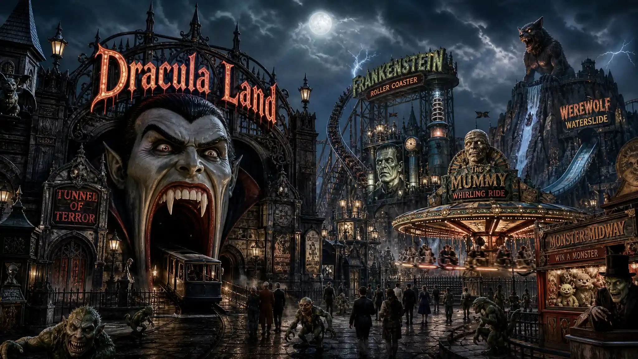 Gothic Dracula themed fantasy park with monstrous carnival rides