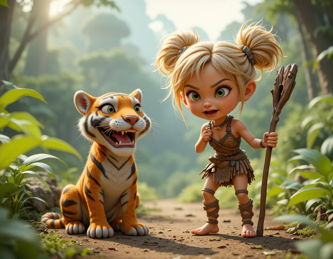 Cave girl and saber toothed tiger cub in prehistoric forest
