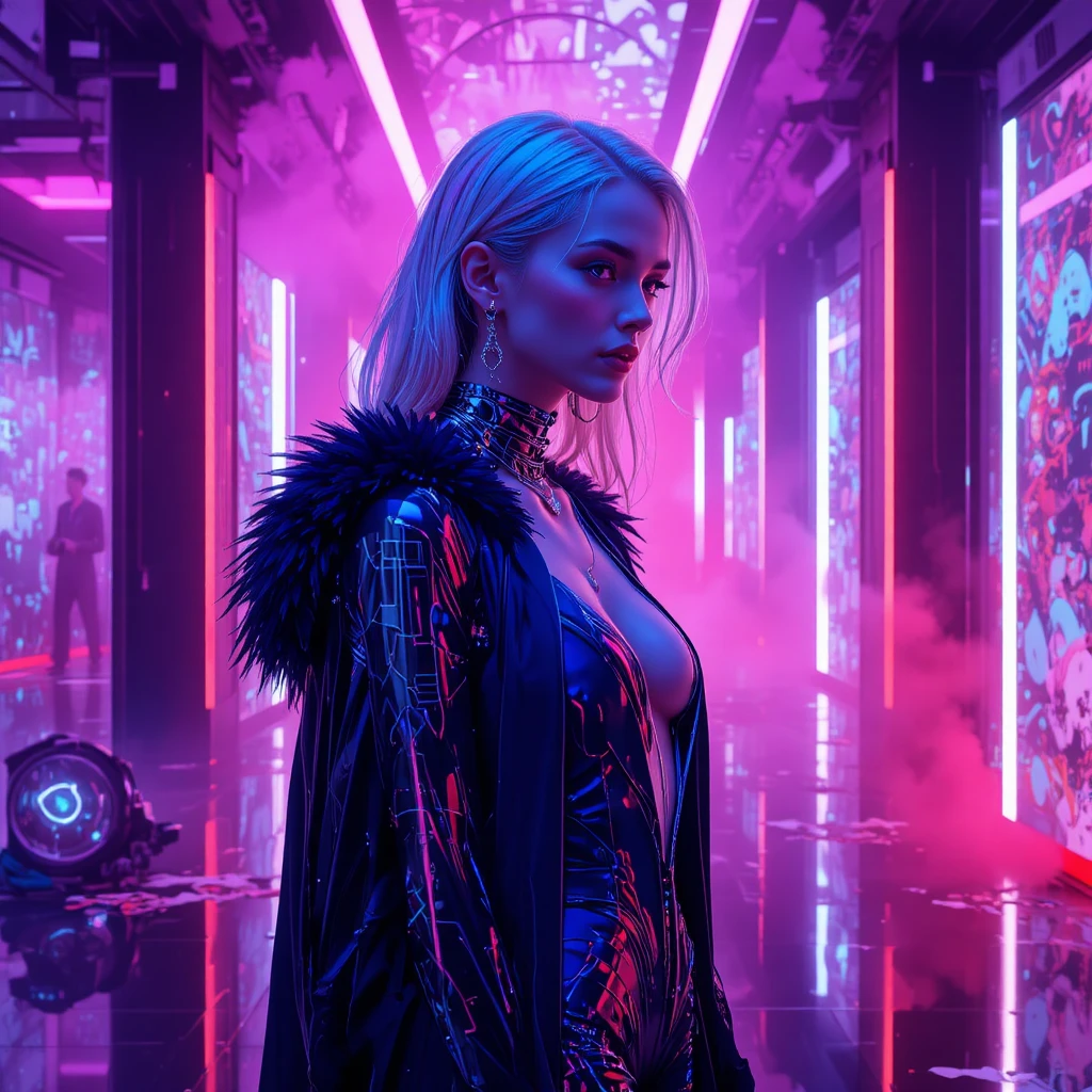 Cyberpunk fashion portrait of a confident neon lit woman
