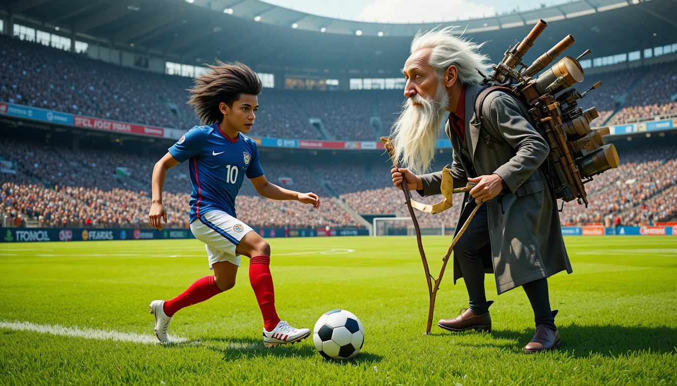 Soccer player facing eccentric old man on green field