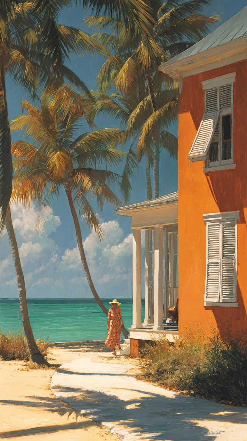 Orange beach house with palm trees and sandy path