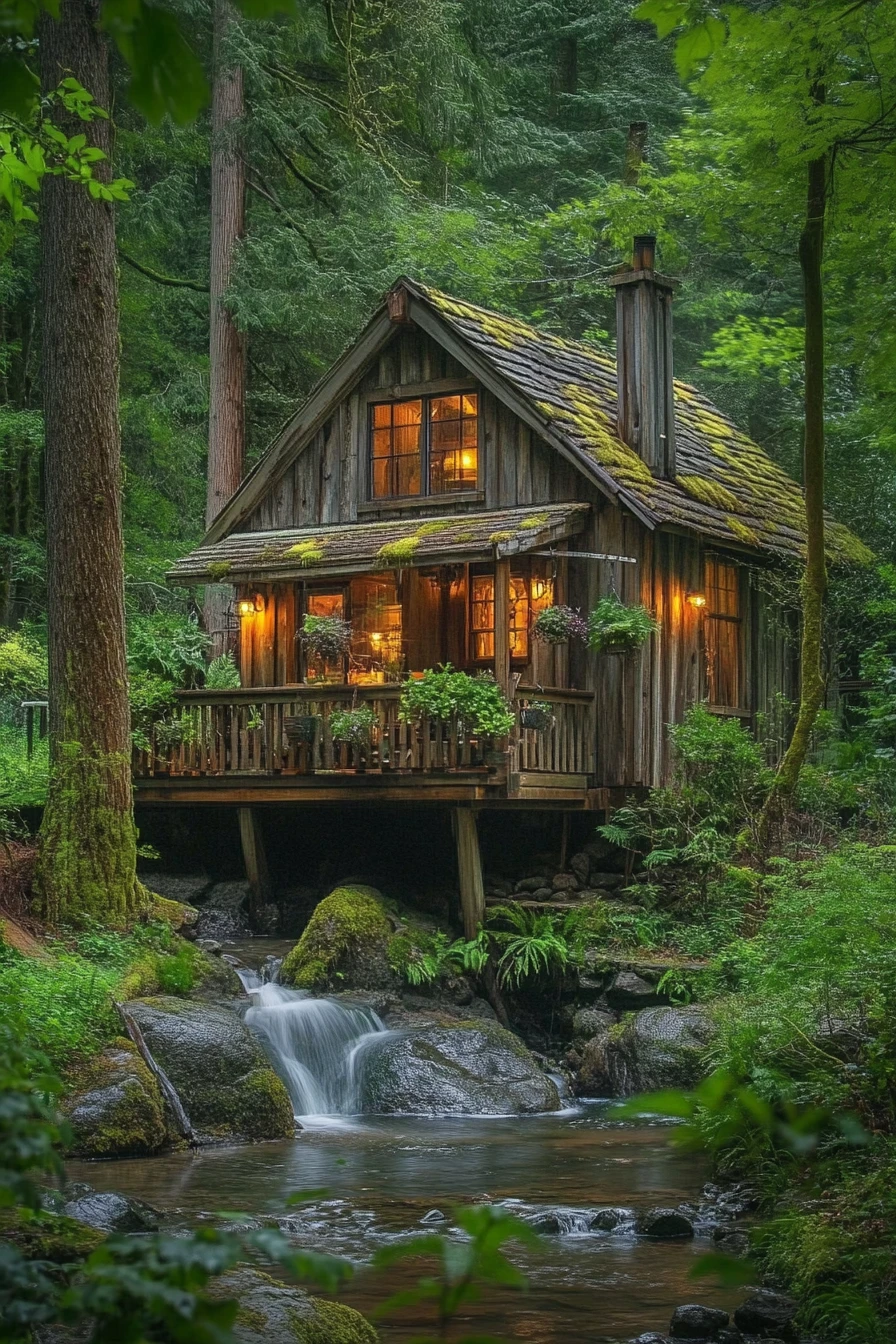 Rustic forest cabin with balcony above a gentle stream