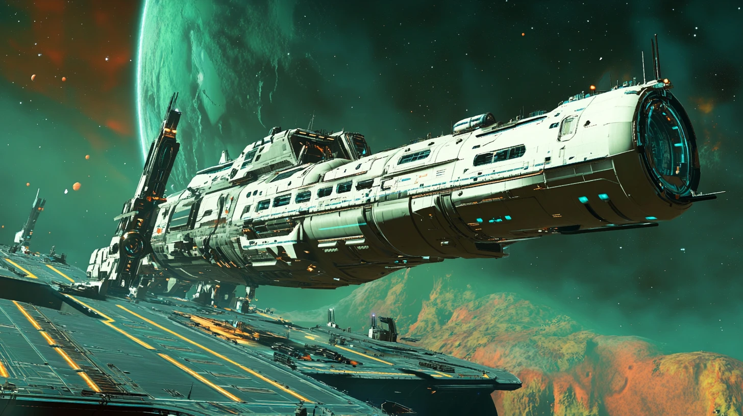 Colossal spaceship landing at a distant green world spaceport