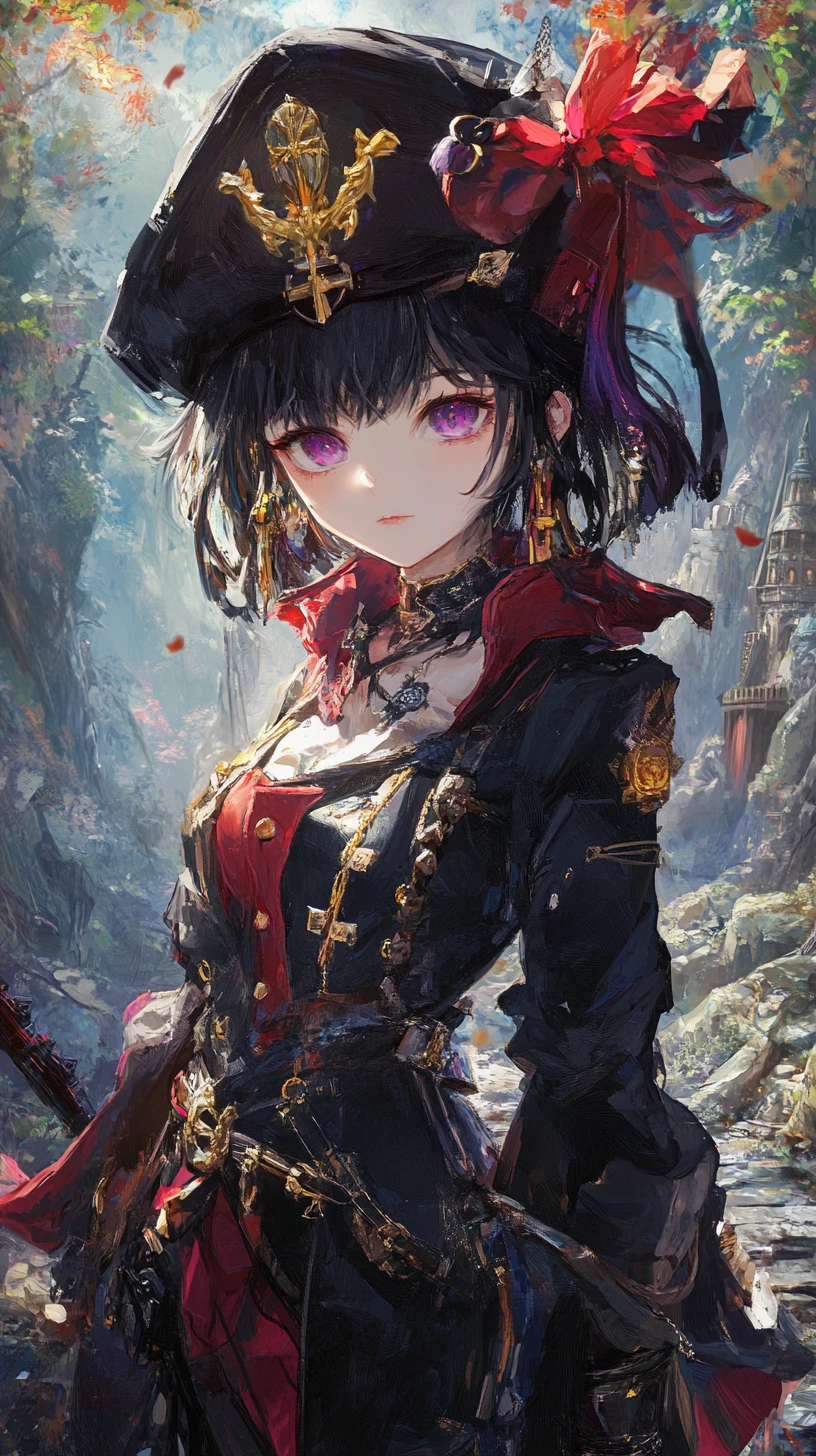 Anime girl warrior with sword in ornate blue and red outfit