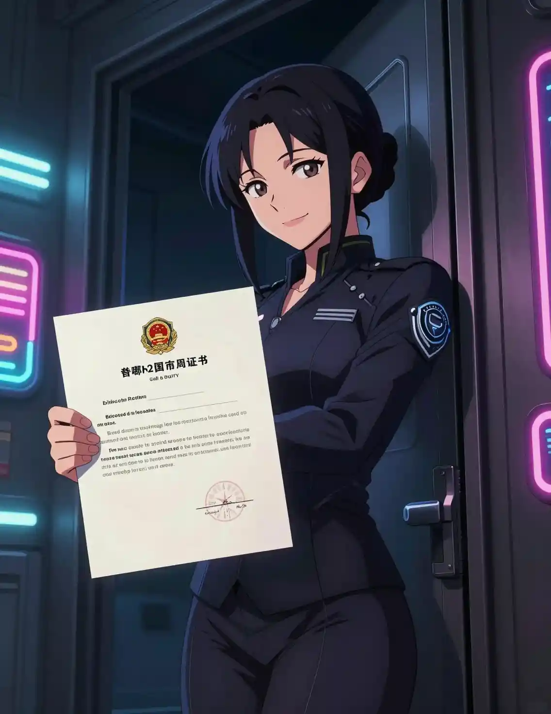 Anime officer woman smiling with official document at doorway