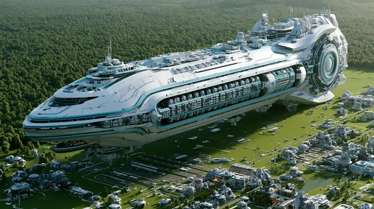 Massive luxury spaceship landing at distant green world spaceport
