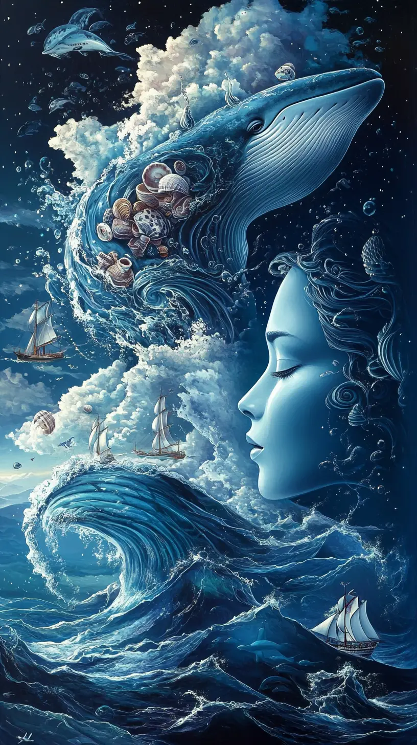 Surreal ocean faces emerging from waves and sea life
