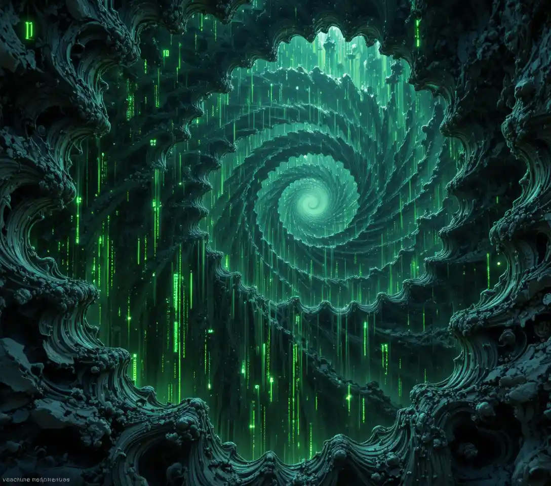 Steampunk fractal system with glowing Fibonacci data spiral