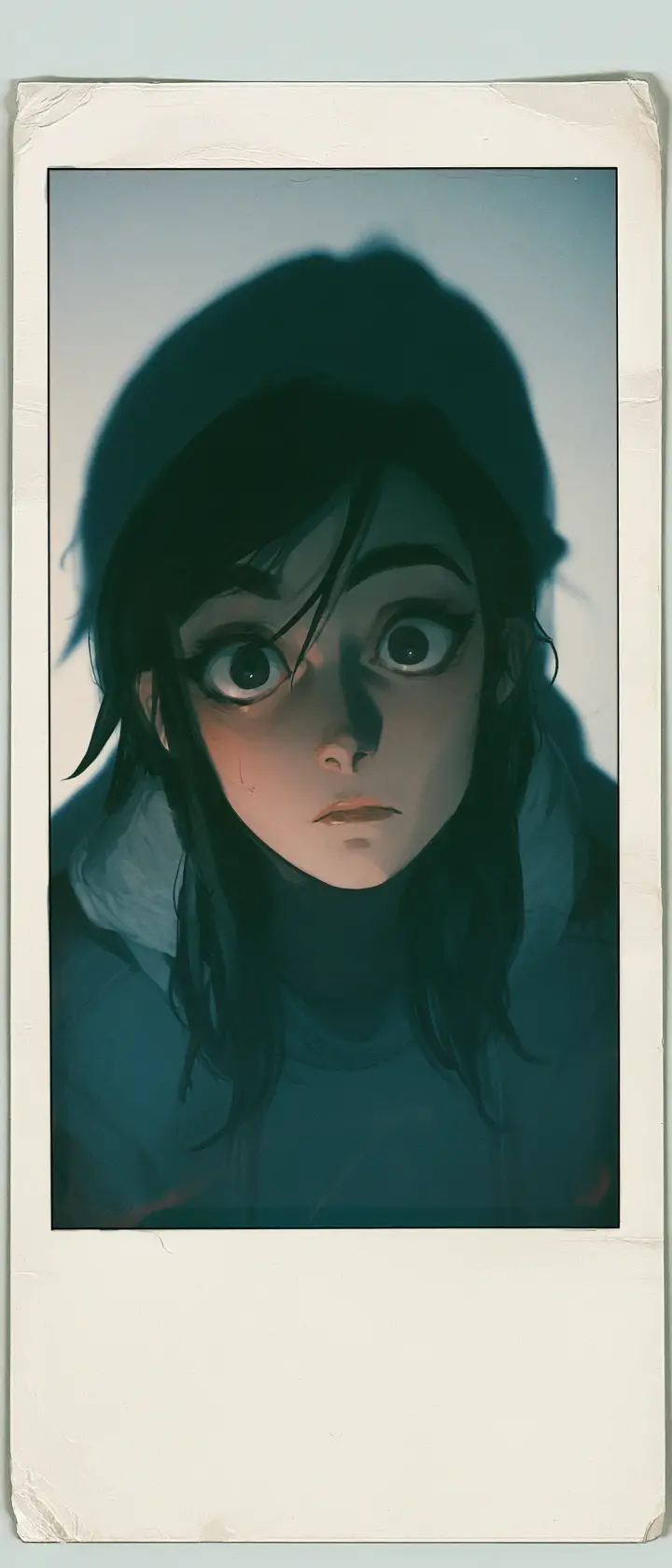 Femme d’anime sous un flash dur devant un mur blanc uni