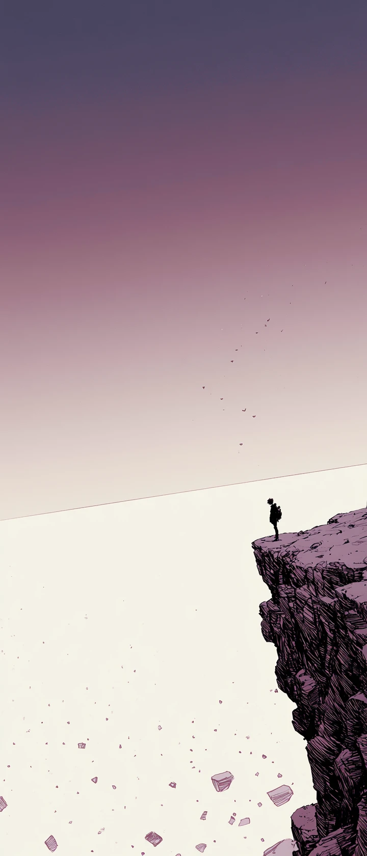Anime girl on a high ridge above an endless white horizon