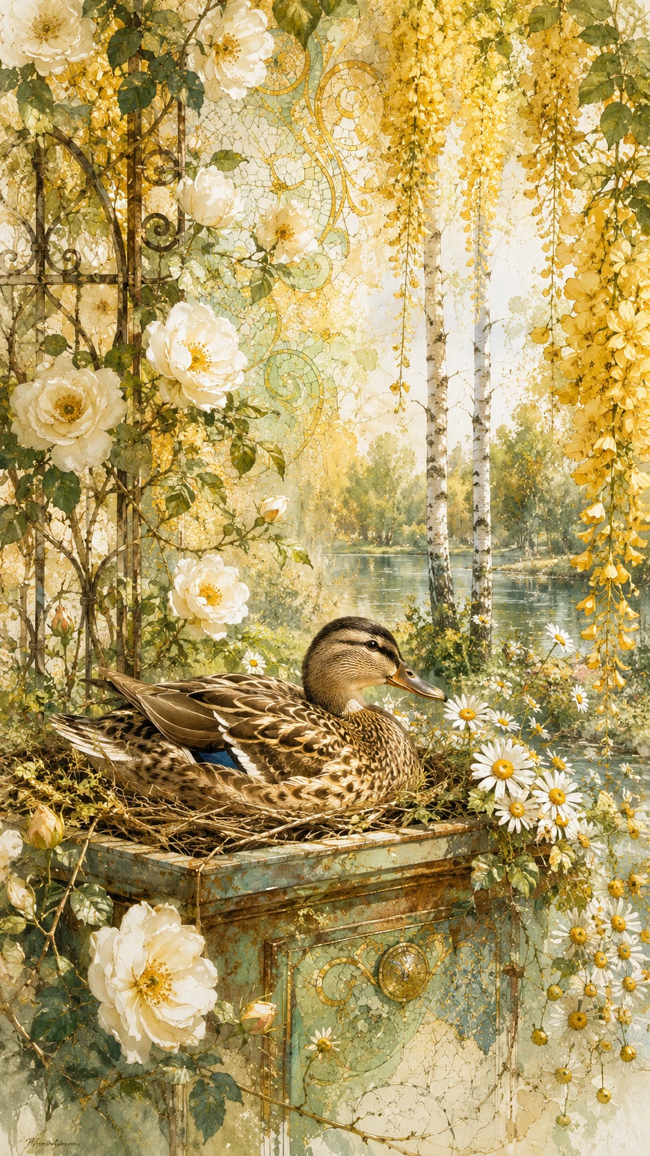 Close up duck nesting in a lush floral garden