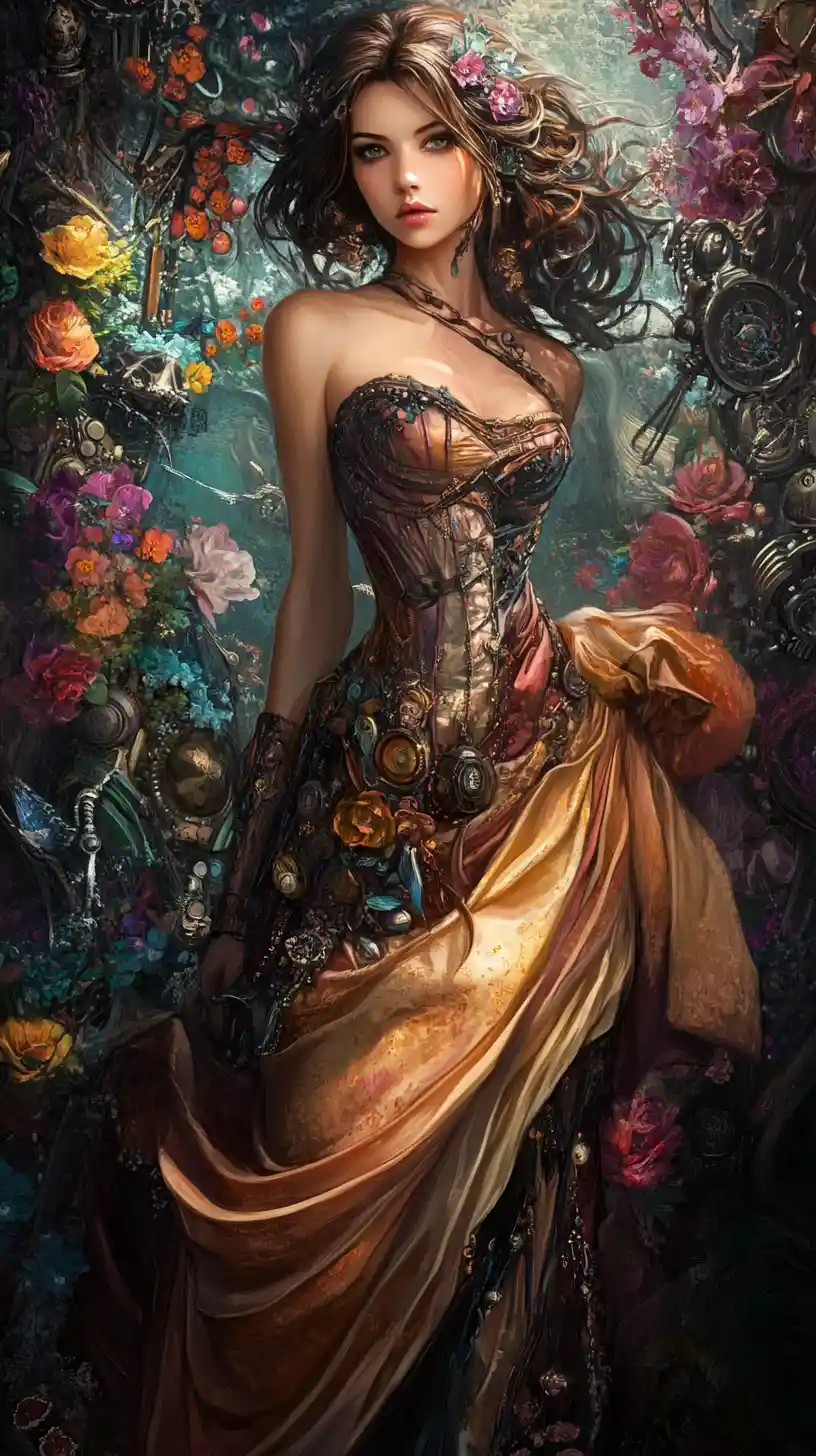 Elegant fantasy woman in a floral steampunk garden setting
