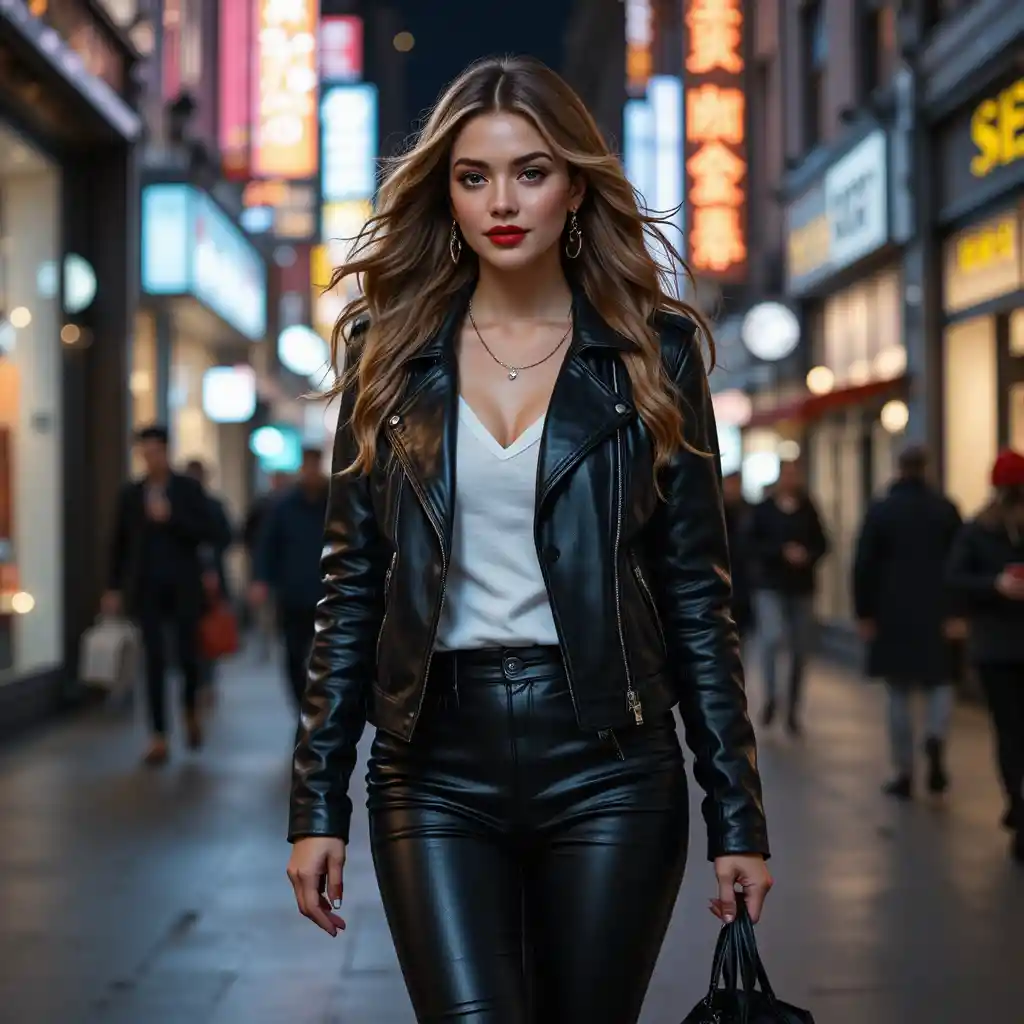 Woman in leather outfit walking through city at night