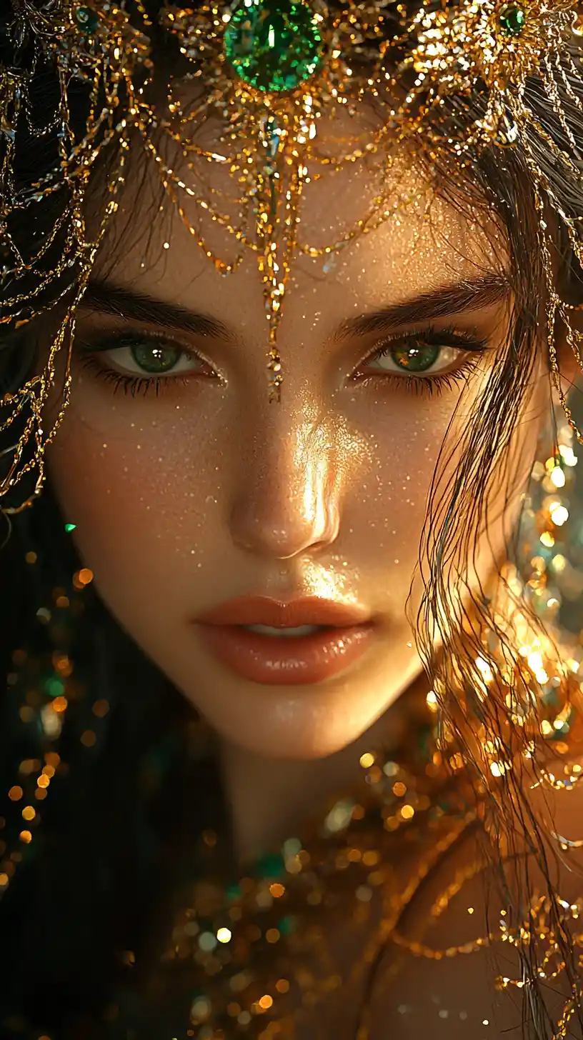 Close up holographic portrait of a luminous feminine figure