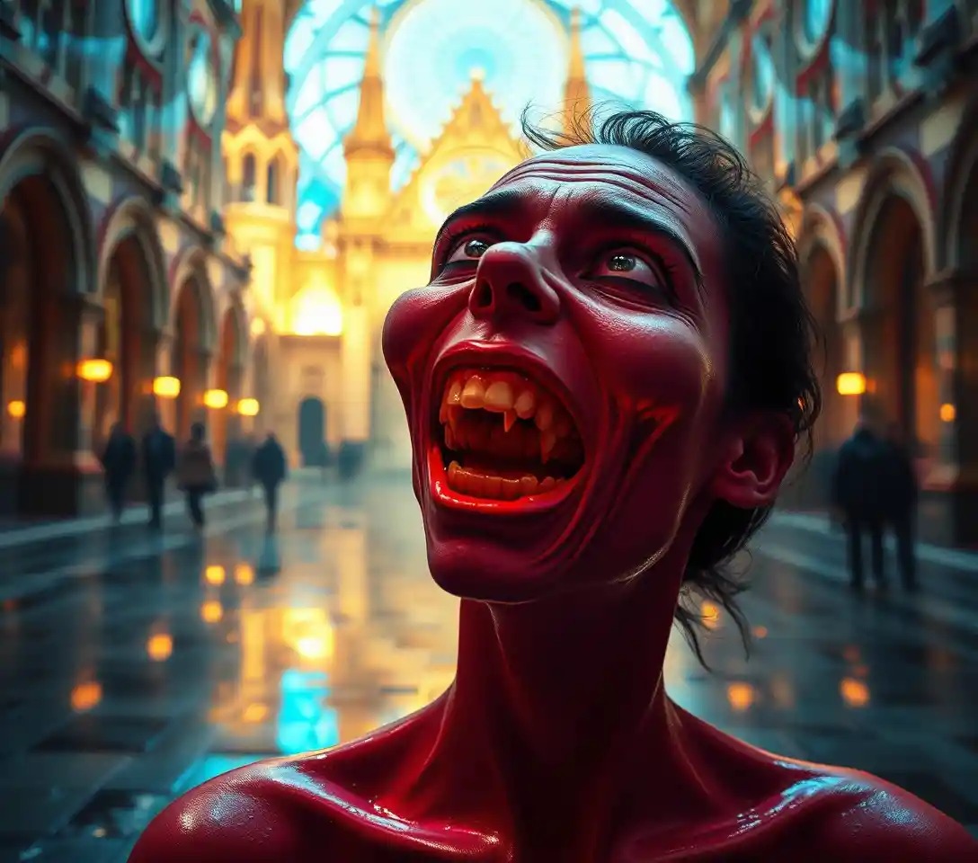 Surreal man with grotesque grin in warped neon cathedral