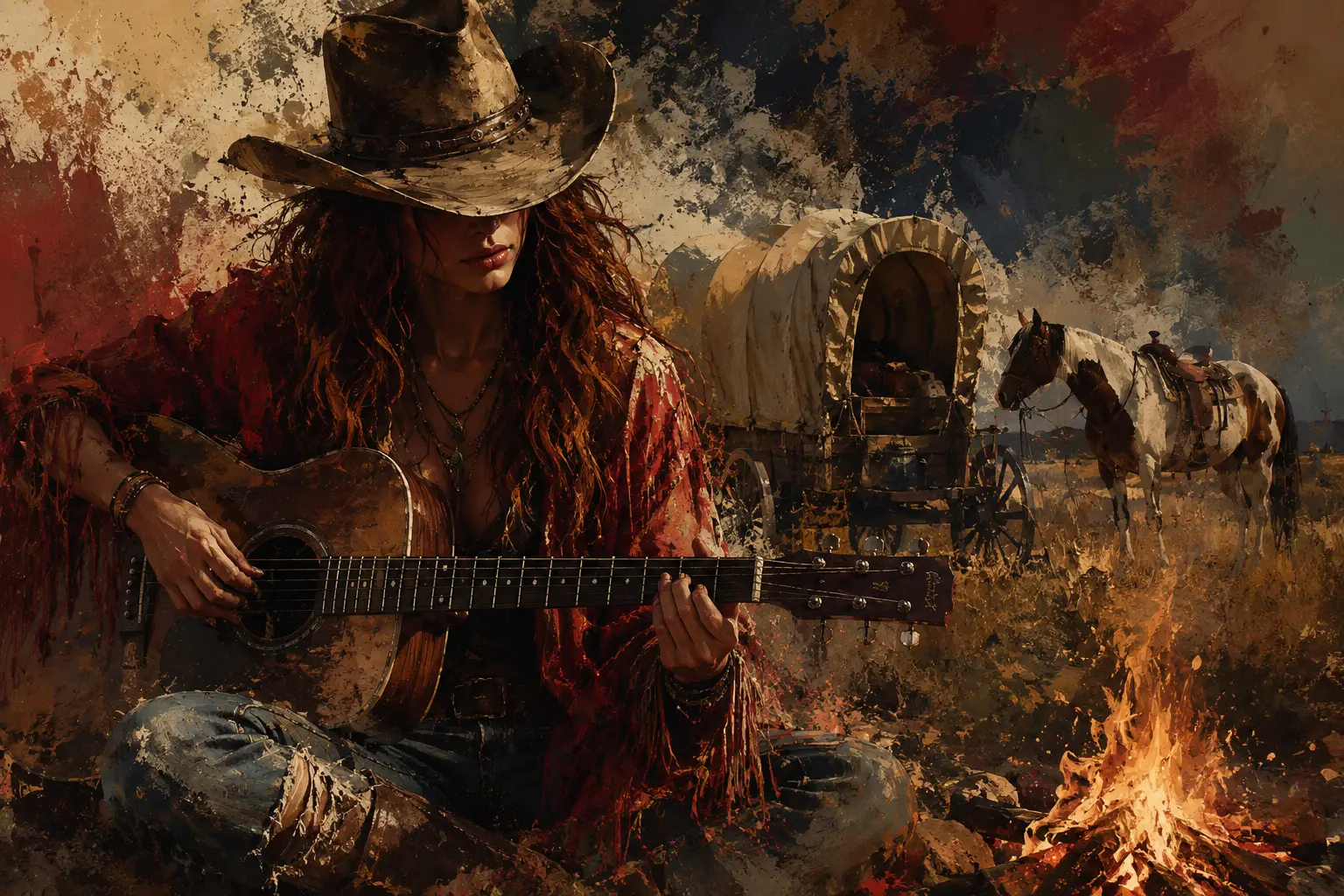 Cowgirl playing guitar by a campfire on the plains