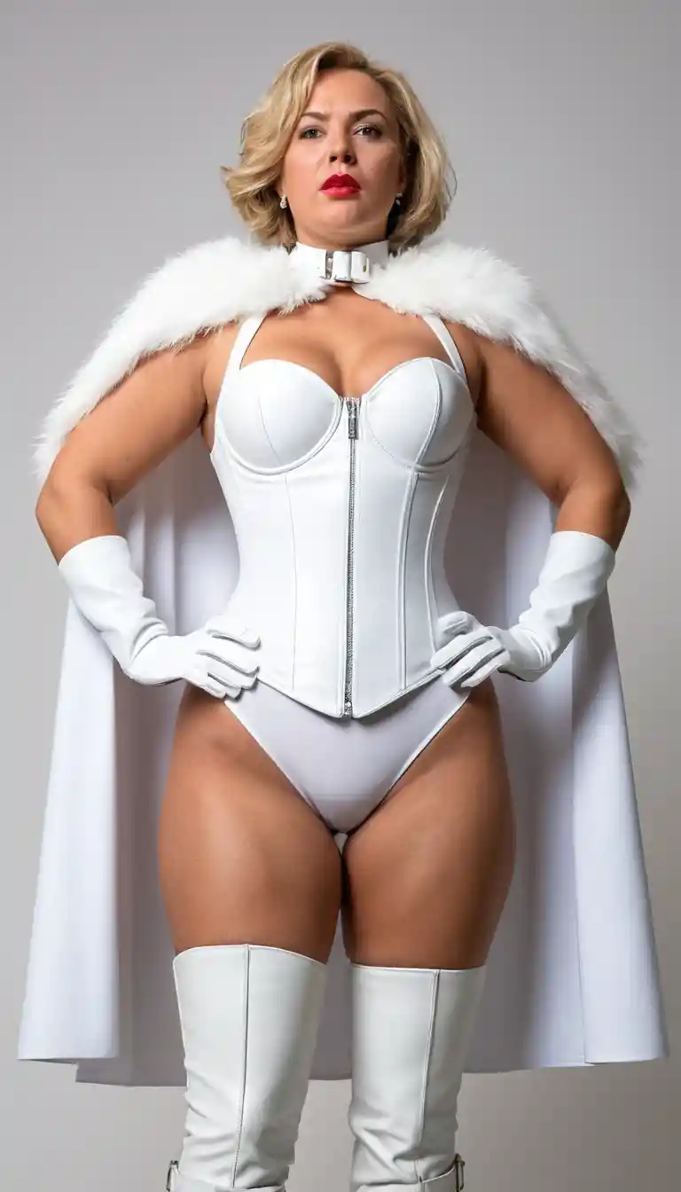 Low angle portrait of woman in white gloves and boots